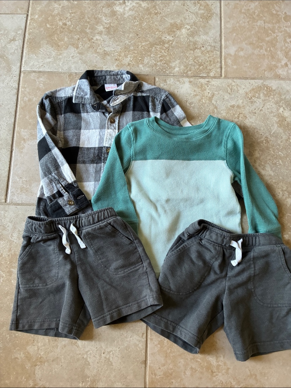 Kids Mint & Green Long Sleeve Shirt, Black & White Flannel and 2 Shorts